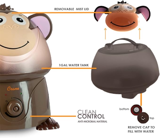 Crane Adorables Ultrasonic Humidifiers for Bedroom and Baby Nursery, 1 Gallon Cool Mist Air Humidifier for Large Room or Kid's Room, Humidifier Filters Optional, Monkey
