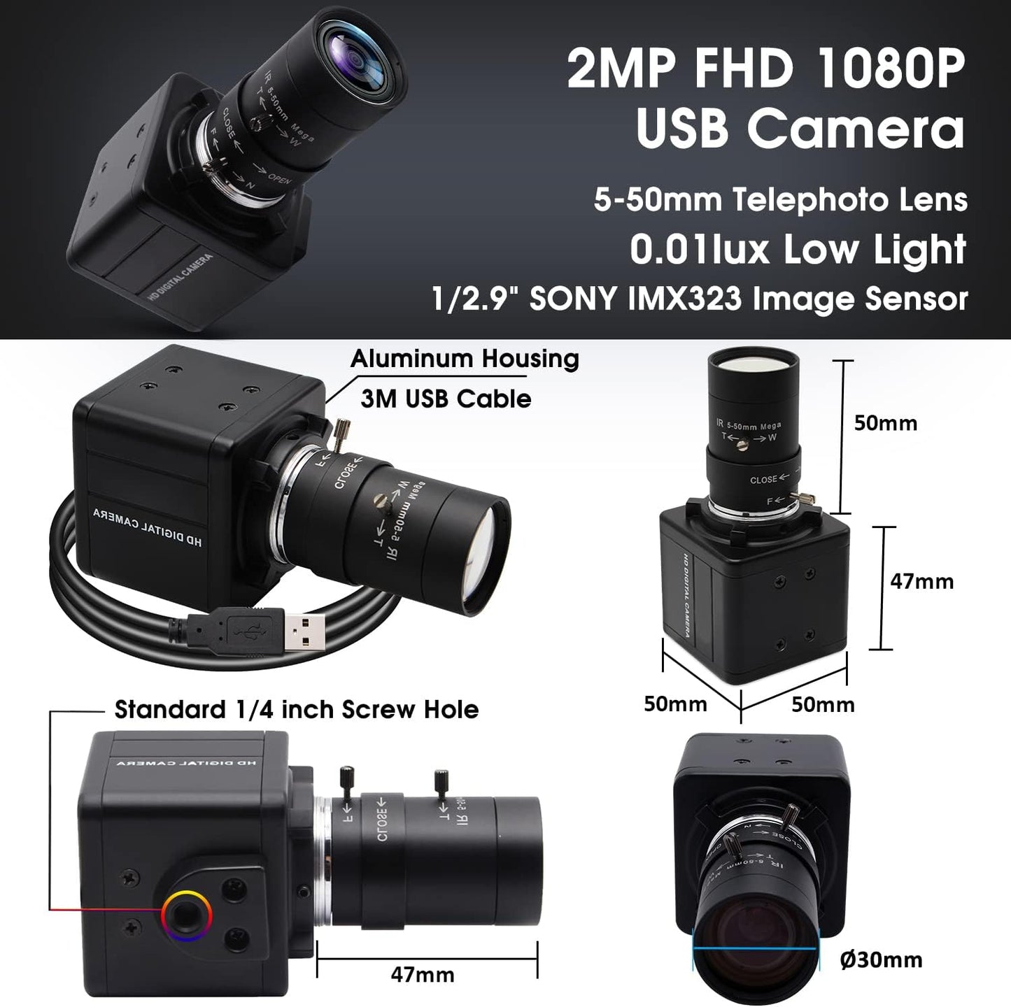 SVPRO 1080P Webcam with Zoom Lens, 5-50mm 10X Optical Zoom,Manual Focus,H.264, Low Light PC Camera with IMX323 Sensor USB Comptuer Camera for Streaming,Video Conference,Studio Recording