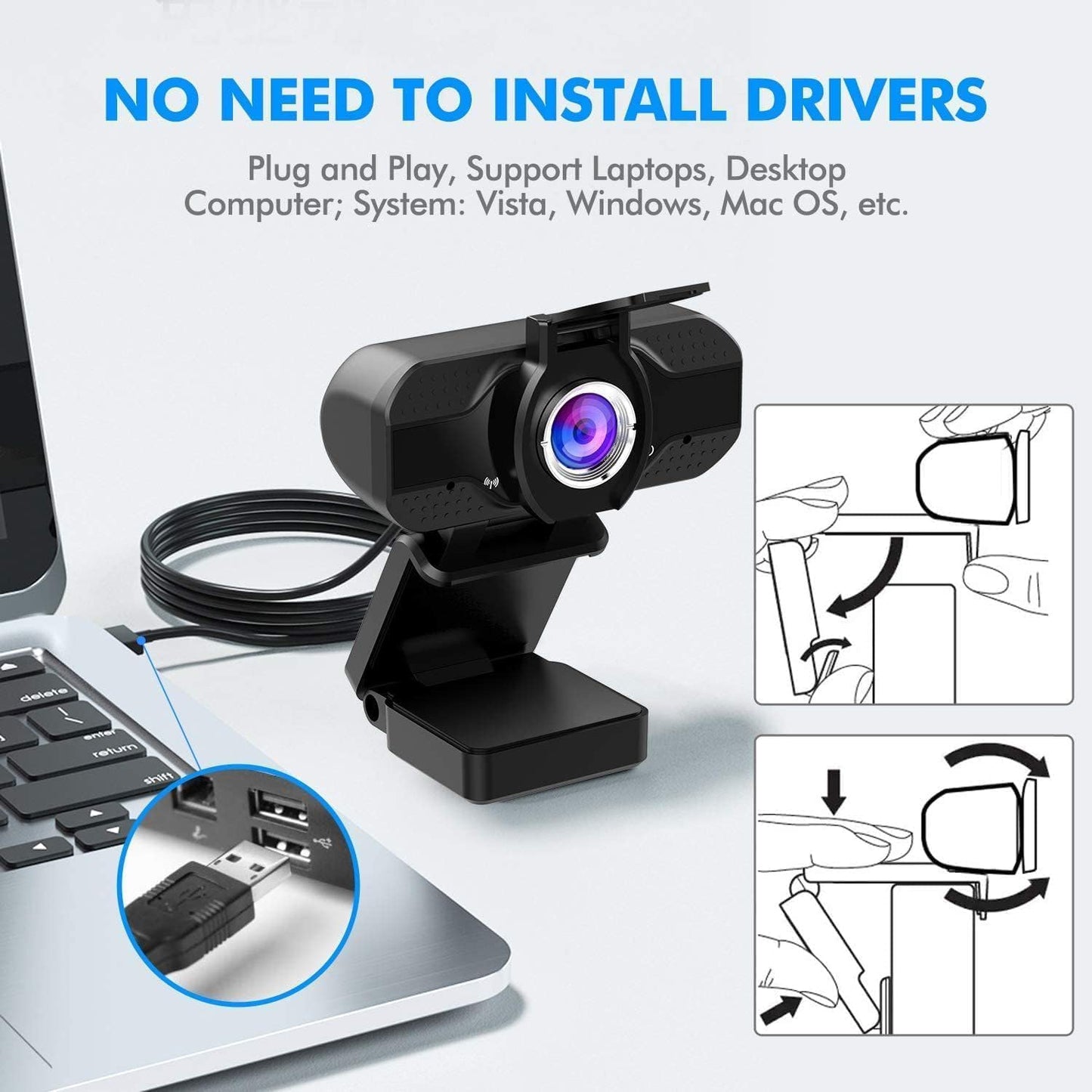 Full HD 1080p Webcam with Privacy Shutter and Tripod, Video and Wide Angle Camera, Built-in Mic, Widescreen USB Computer Camera for Laptop Desktop