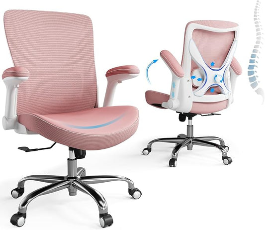 Ergonomic Office Chair-Computer PU Leather X-Shaped Desk Chair-Gaming Chair with Adjustable Flip-up Armrests Lumbar Support Mesh Executive Chair for Long Hours Office (Pink)