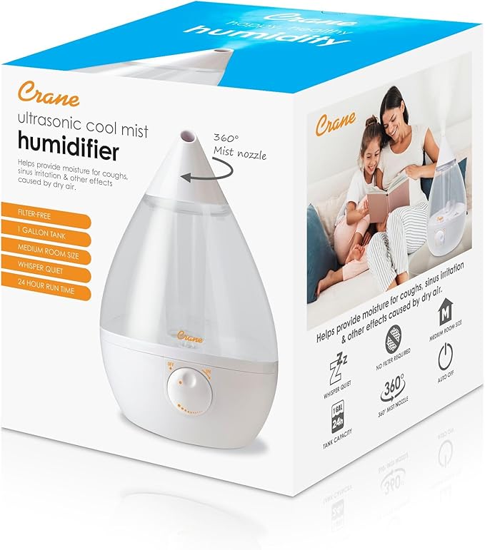 Crane White Teardrop Ultrasonic Cool Mist Humidifier, 1 Gallon Auto Shut-Off for Large Room, Baby Nursery, Bedroom Office, Clear & White