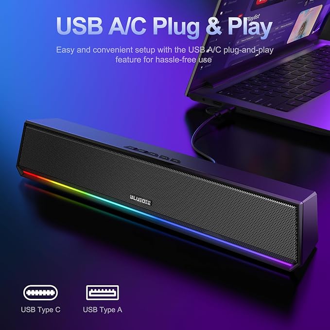 Bluedee Computer Speakers for Desktop PC, Bluetooth 5.3 PC Speakers with Dynamic RGB Light, Wired USB Plug & Play Computer Sound Bar, USB/Type-C Powered Gaming Speakers for Desktop, Laptops, Tablet