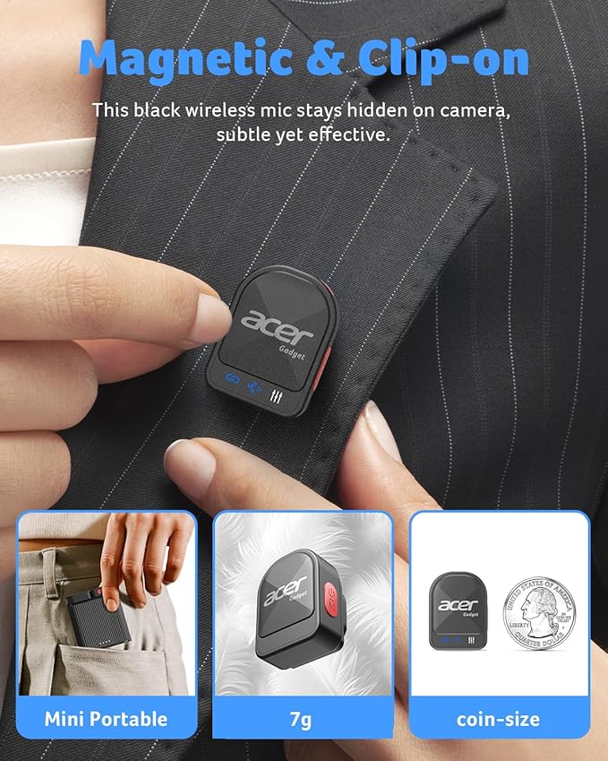 acer Wireless Lavalier Microphone for iPhone/Android/PC/Laptop Portable Mini Clip on Mic with Lightning + USB C Plug, 48KHz 24Bit, Noise Cancellation, 24H Battery for Video Recording