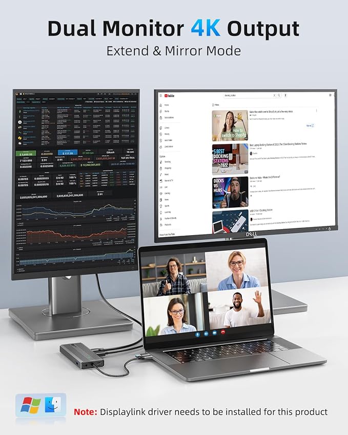 Displaylink Dock,Displaylink Docking Station Dual Monitor,10Gbps USB C Docking Station for MacBook M1/M2/M3/Windows,Laptop Docking Station with 2 HDMI 4K,2 PD 4K, Ethernet,USB 3.2,Mic/Audio,100W PD