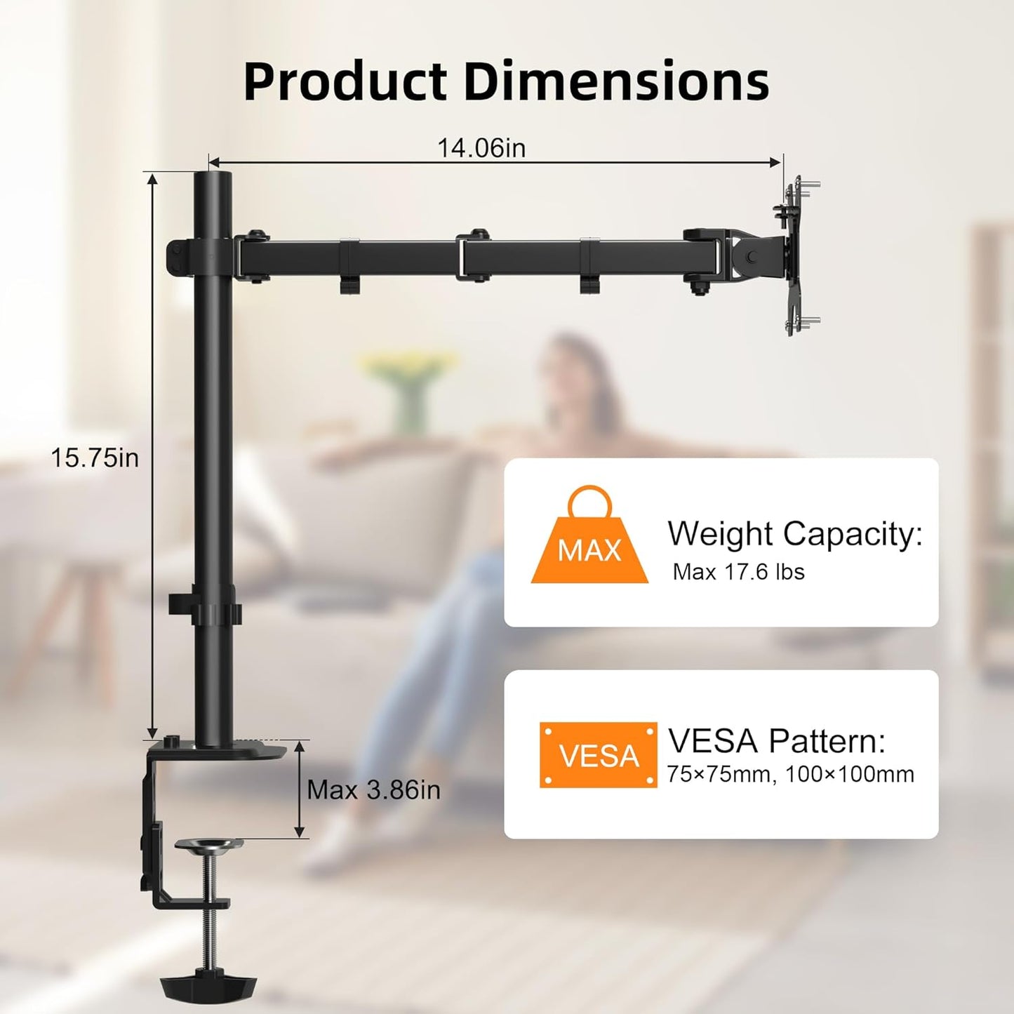 Pholiten Single Monitor Stand, Heavy Duty Adjustable Monitor Arm Desk Mount for 13-27Inch, Tilt, Swivel, Rotate, Support 22 lbs,Black