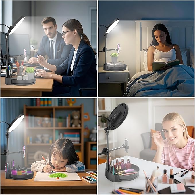 Desk Ring Light with Stand,55W Dimmable Full Screen Ring Light,with Rotating Storage Box,Pen Holder Stand,Phone Holder&Controller (Pink, 10.5)