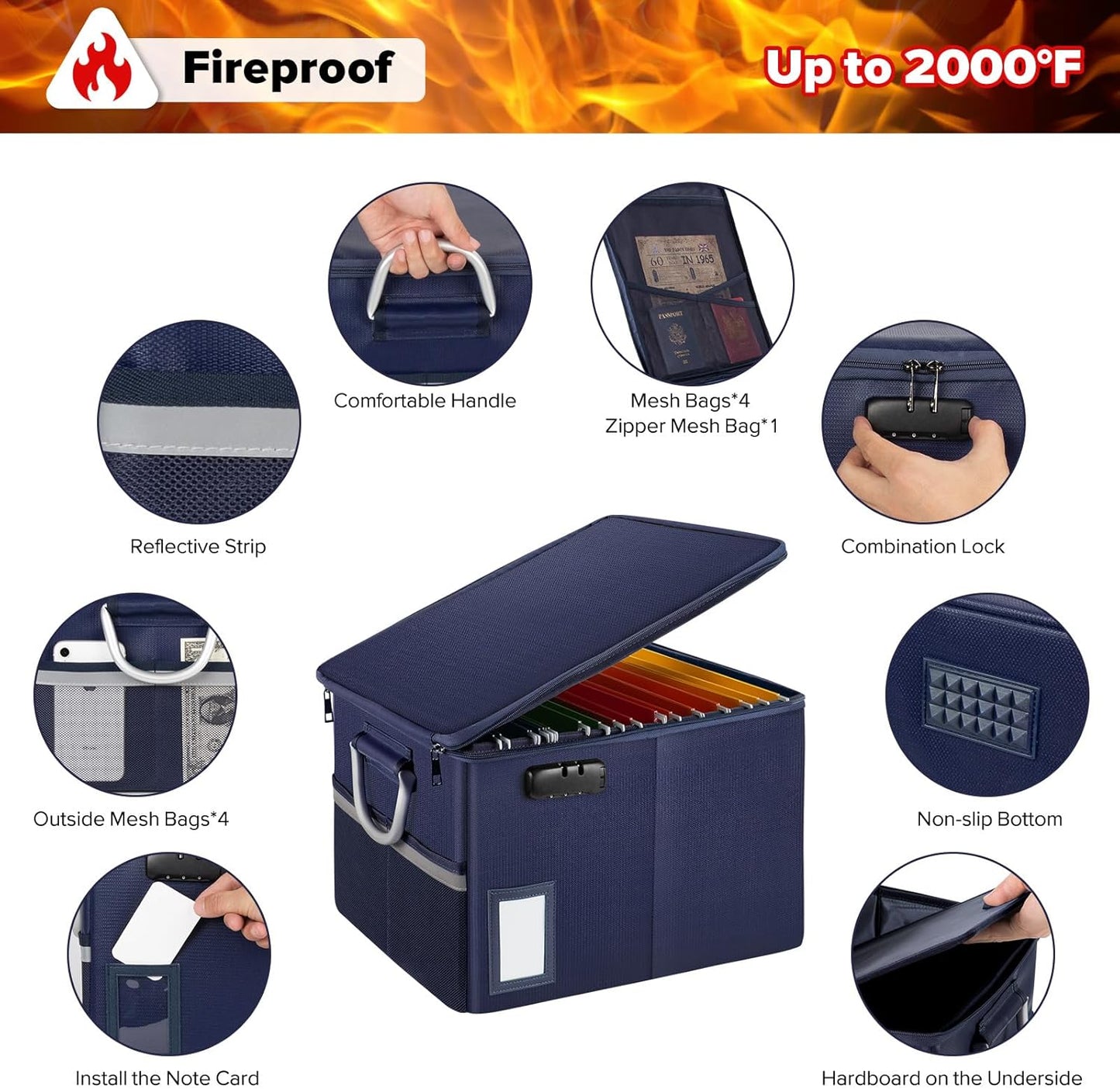 TOMKID Fireproof Document Box, Fire Proof Safe Box for Home Document Organizer with Lock, Fire Organizer Box Office Storage Cabinet for Hanging Letter/Legal Folder 16.1 x 12.9 x 11in (Blue)