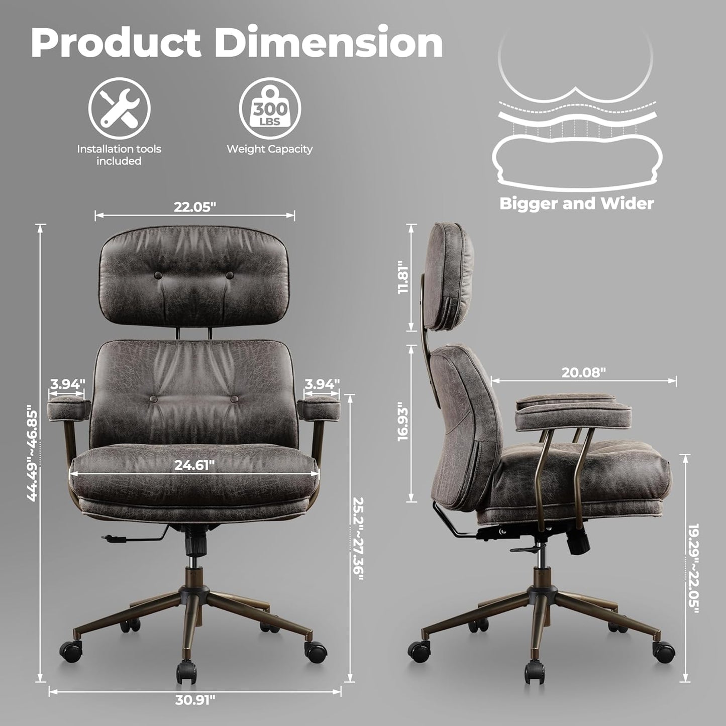 ovios Home Office Chair, Mid-Century Modern Faux PU Leather Chairs with Lumbar Support Comfy Thick Cushion, High Back Ergonomic Swivel Rolling Executive Armchair (Dark Grey, Suede Leather)