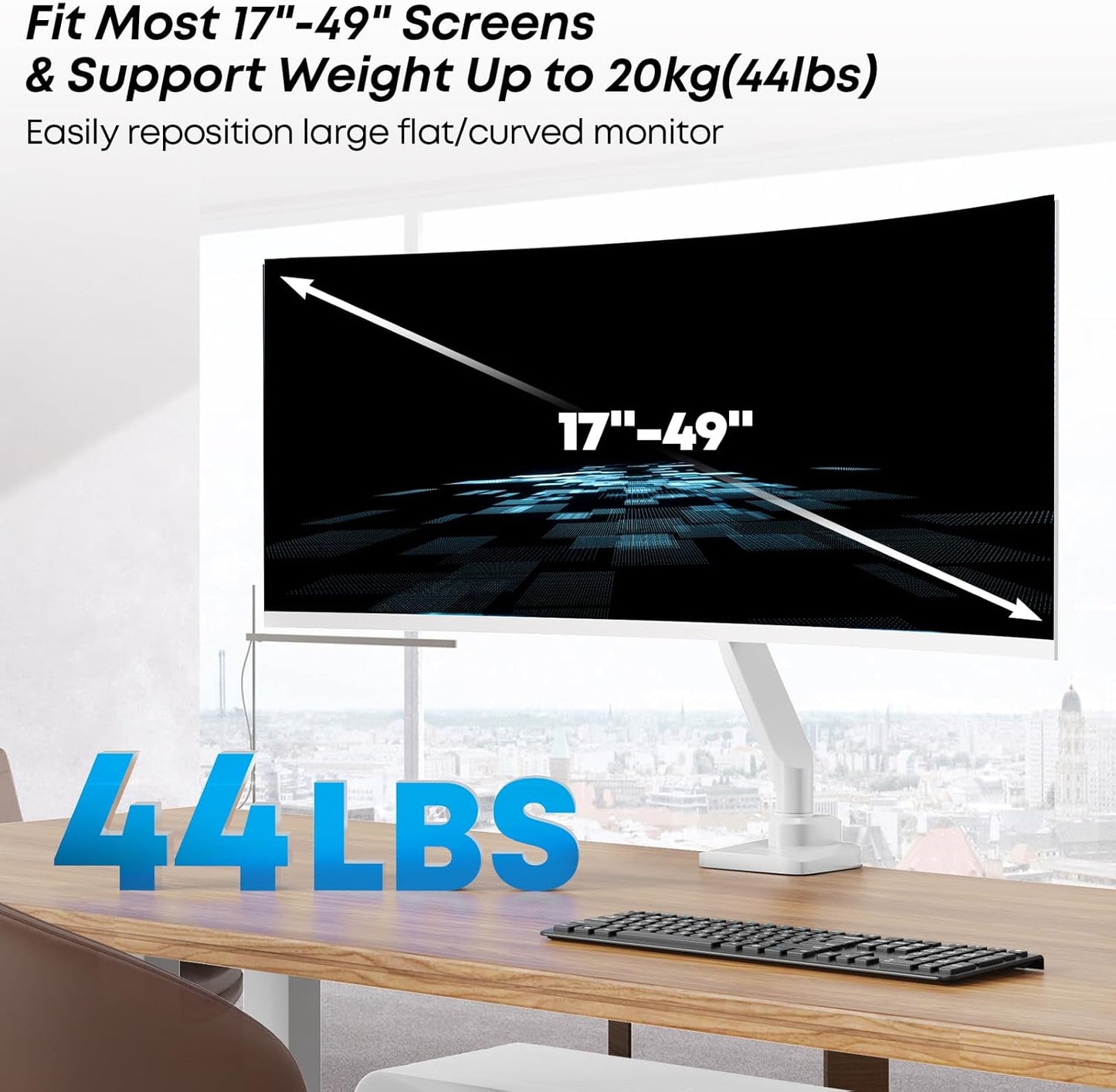 Premium Heavy Duty Monitor Arm for 17 to 49 inch Screens up to 44lbs, Fully Adjustable Ultrawide Single Clamp-on Desk Mount Stand, VESA 75x75/100x100mm (White)