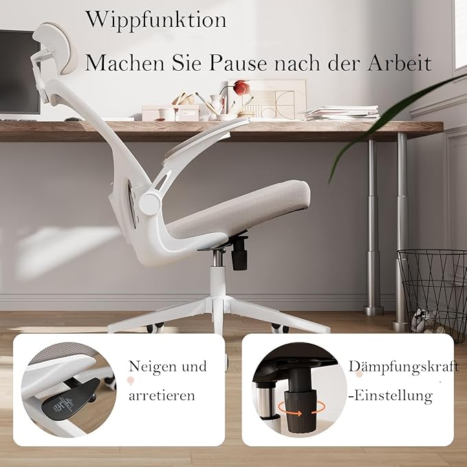 Monhey Office Chair Ergonomic Desk Chair with Lumbar Support&Headrest&Flip-up Arms Height Adjustable Rocking Swivel High Back Computer Chair Warm Taupe Mesh Study Chair (White+Khaki-2)