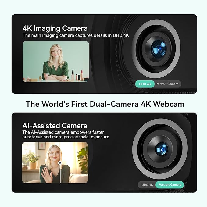 EMEET Piko+ Webcam 4K, World's 1st Dual-Camera AI-Powered 4K Webcam, 1/2.55'' Sony Sensor, 3 Mics&3 Sound Modes, Panda Magnetic Privacy Cover, USB C-C&C-A, Ideal for Livestreamers and Content Creators