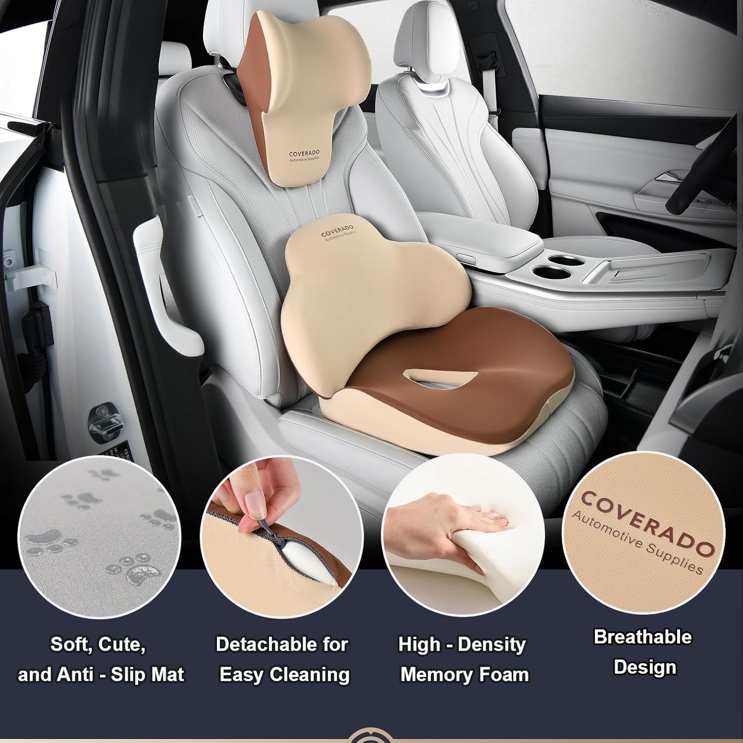 Coverado Seat Cushion and Lumbar Support Headrest Pillow for Car Office Chair, Ergonomic Memory Foam Chair Cushion Back Neck Support Pillow, Sciatica & Back & Tailbone Pain Relief Cushion-Beige