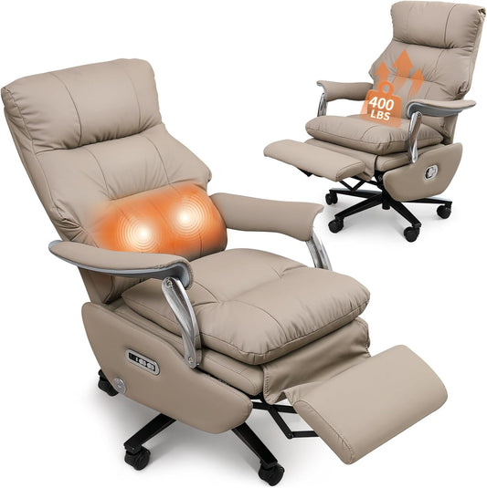 Executive Office Chair with Footrest,Sustainable Leather Electric Ergonomic Reclining Home Office Desk Chairs with Massage,Big and Tall Comfy Computer Chair with Wheels High Back 400LB,Khaki