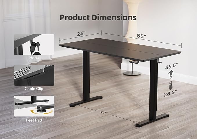 YDN Electric Standing Desk Adjustable Height, 55 x 24 Inches Stand up Desk with Cable Management, Home Office Desks with Splice Board & Black Frame, Black Top