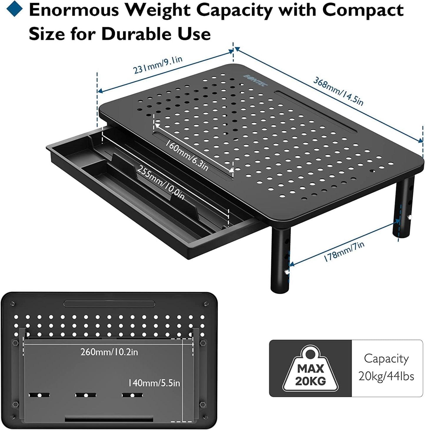 BONTEC 2 Pack Adjustable Monitor Stand Riser with Drawer, Ergonomic Mesh Platform for Laptop, PC, iMac, Printer, Supports up to 44 lbs/20kg with Cable Management Included