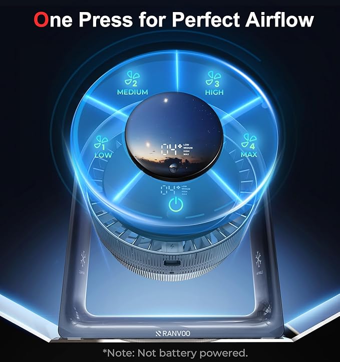 2025 New Desk Fan, Quiet Air Circulator Mini Fan for Bedroom, Portable Smart Display USB Fan, 4 Speeds Strong Airflow, 120°Tilt, Small Desktop Table Fans For Office Bedside Room, Translucent Black
