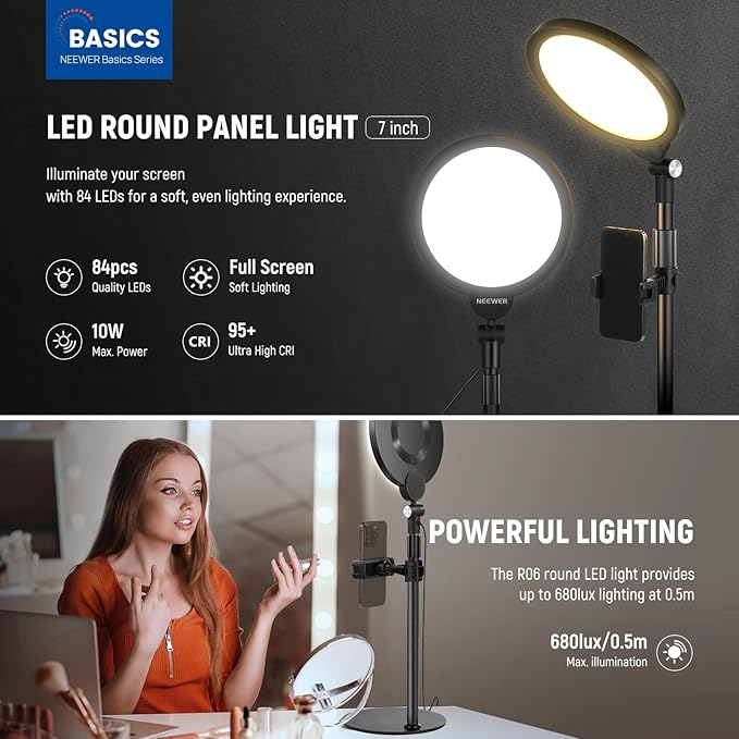 NEEWER Basics 2 Pack 7" Desk Ring Lights for Video Recording, 10W Dimmable Full Screen Key Lighting with Stands & Phone Holders for iPhone Computer Laptop Vlog Live Streaming Video Conference, R06