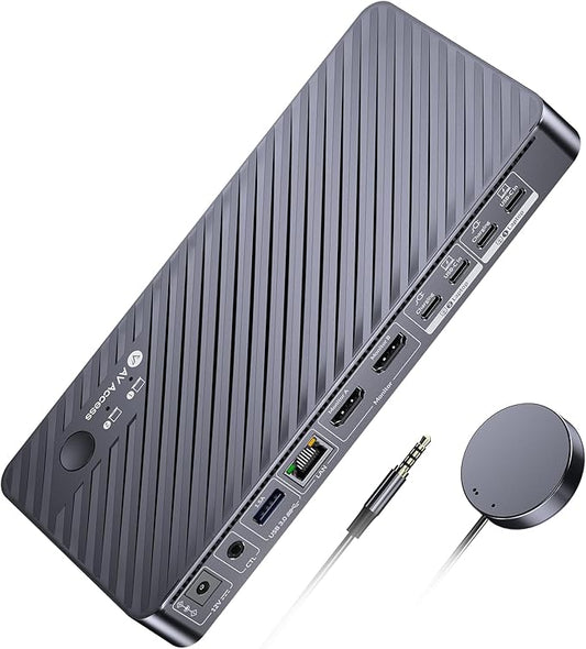 AV Access Docking Station KVM Switch 2 Monitors 2 Laptops, 4K HDMI KVM Switch Dual Monitor, 100W PD for Each PC, 1G Ethernet, EDID Emulation, Ideal for Home Office & Gaming