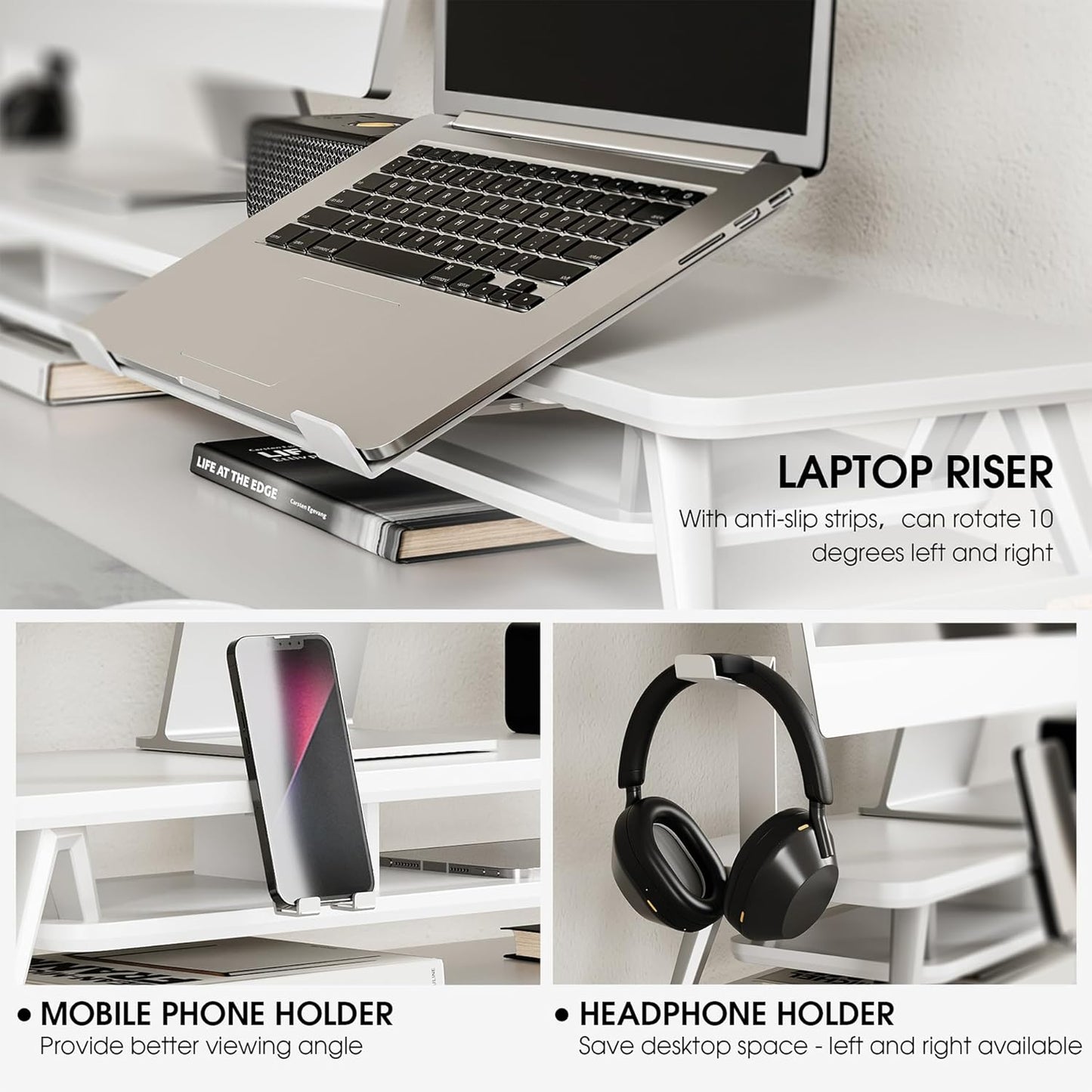 Fenge Dual Monitor Stand, Monitor Riser for 2 Monitors with Adjustable Laptop Riser , 42.5 Inch Desk Shelf for Top of Desk with Phone Holder& Headphone Stand