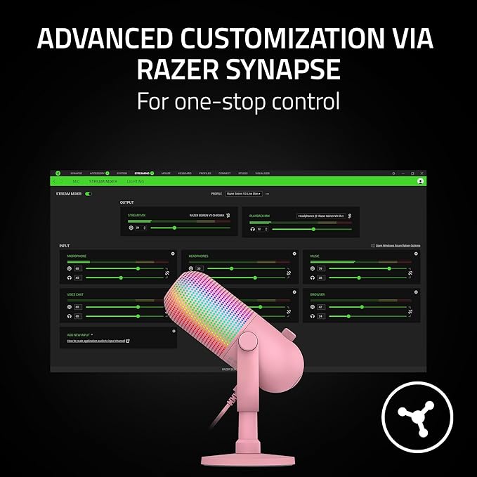 Razer Seiren V3 Chroma RGB USB Microphone: Stream & Game Reactive Lighting - Tap-to-Mute Sensor - Condenser Mic - Digital Gain Limiter & Shock Absorber - PC, Discord, OBS Studio, XSplit - Quartz Pink