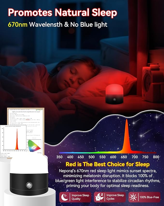 Neporal REDIX 670nm Red Light for Sleep, 100% Blue Light Blocking Night Light, Dimmable & 4 Timer Natural Promoting Melatonin for Fall Sleep, Specific Remote Touch Control Sleep Lamp for Bedroom