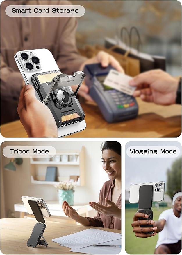 SUPCASE for MagSafe Wallet with AirTag Holder, Magnetic Airtag Wallet for Men, [Hold 5 Cards] [Adjustable Stand] [RFID Blocking] Phone Stand Card Holder Tripod for iPhone 16/15/14/13/12 Series, Dark