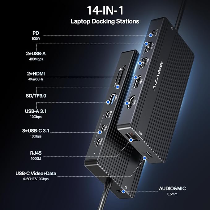 ACASIS USB C Docking Station Dual Monitor,14 in 1 USB C Hub,laptop docking stations Dual Monitor with 2*4KHDMI+5 *10Gbps USB+PD 100W+Ethernet+SD/TF +3.5mm Audio laptop dock for Dell/HP/Lenovo/ThinkPad