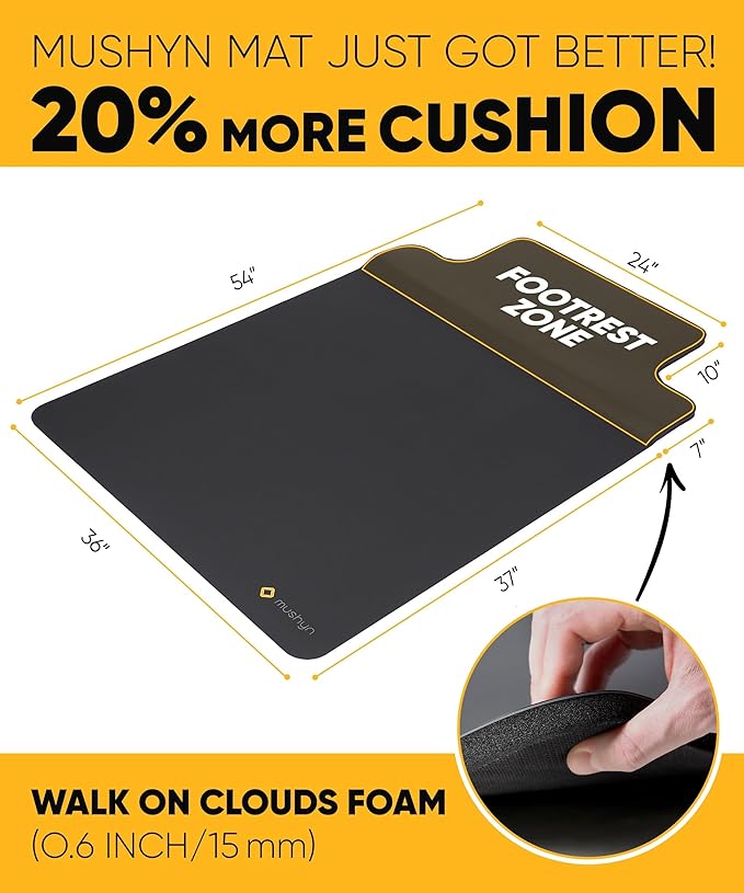 Office Chair Mat with Anti Fatigue Cushioned Foam - 2 in 1 Standing Desk Anti-Fatigue Comfort Mat for Hardwood Floor - Chair Mat for Rolling Chairs with Foot Rest Under Desk - 54”x 36”