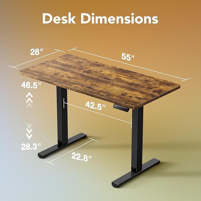 HUANUO 55 x 28 inch Electric Standing Desk Adjustable Height, 4 Memory Height Settings, Sit Stand Up Desk for Home Office & Computer Workstation, Rustic Brown
