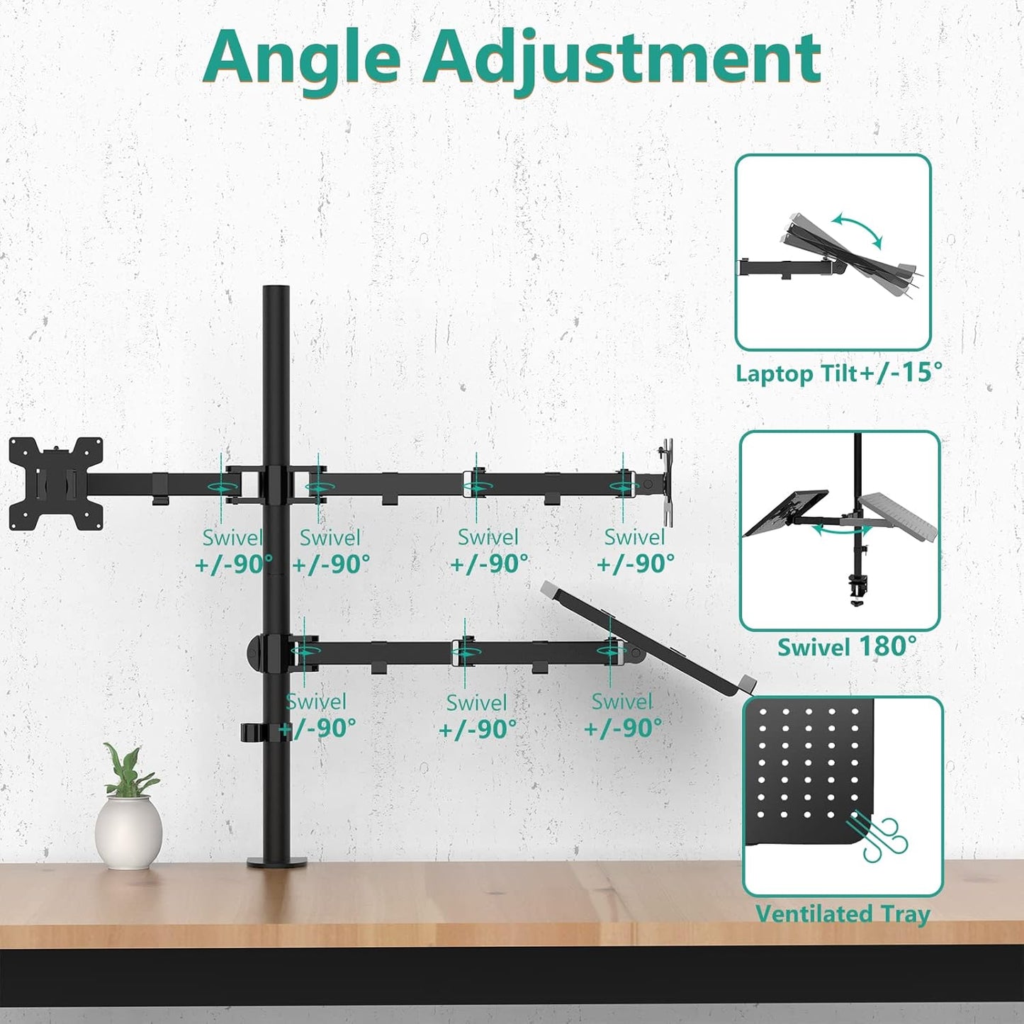 WALI Dual Monitor Stand, Laptop and Monitor Stand for 2 Screen 1 Laptop Notebook, Extra Tall Desk Mount for Monitor up to 27 inch, Notebook up to 17 inch (M002XLLP), Black