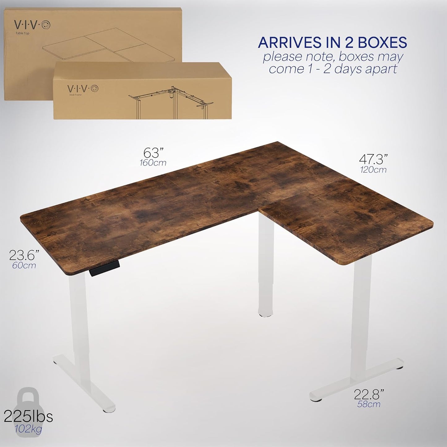 VIVO Electric Corner L-Shaped 63 x 47 in Rustic Standing Desk, Memory Height Adjustment, Vintage Brown Top White Frame, DESK-E3CTWN-47