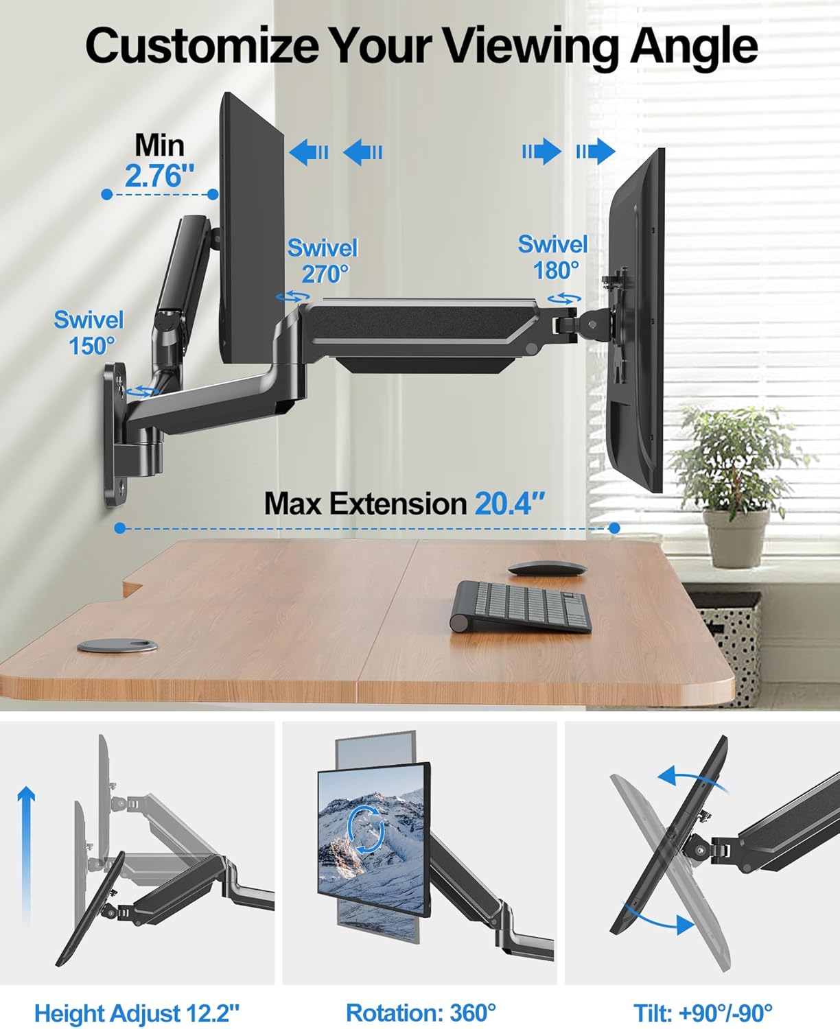 MOUNTUP Dual Monitor Wall Mount for 2 Max 32 Inch Computer Screen, Fully Adjustable Gas Spring Double Monitor Arm, Wall Mounted Monitor Holder Support 4.4-19.8lbs Display, VESA Bracket 75x75, 100x100