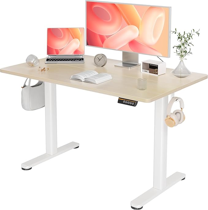 YDN Electric Standing Desk Adjustable Height, 48 x 24 Inches Stand up Desk with Cable Management, Home Office Desks with Splice Board & White Frame, Nature Top