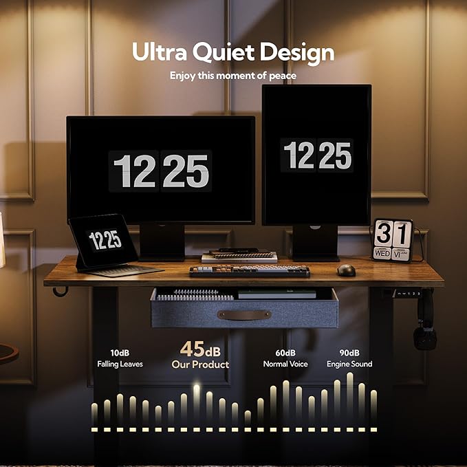 Seang Standing Desk with Drawer, 48" x 24" Height Adjustable Stand Up Desk, 3 Memory Height Settings with Cable Grommets & Storage Hooks, Ideal for Home & Office, Rustic Brown