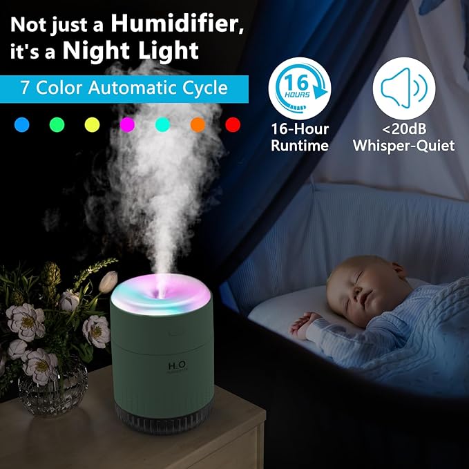 SZO Colorful Mini Humidifier, USB Rechargeable Humidifier, 4 Modes Super Quiet, Humidifiers For Bedroom,Suitable For Travel Office Family-Green