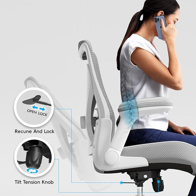 Ergonomic Office Chair-Computer PU Leather X-Shaped Desk Chair-Gaming Chair with Adjustable Flip-up Armrests Lumbar Support Mesh Executive Chair for Long Hours Office (White-Grey)