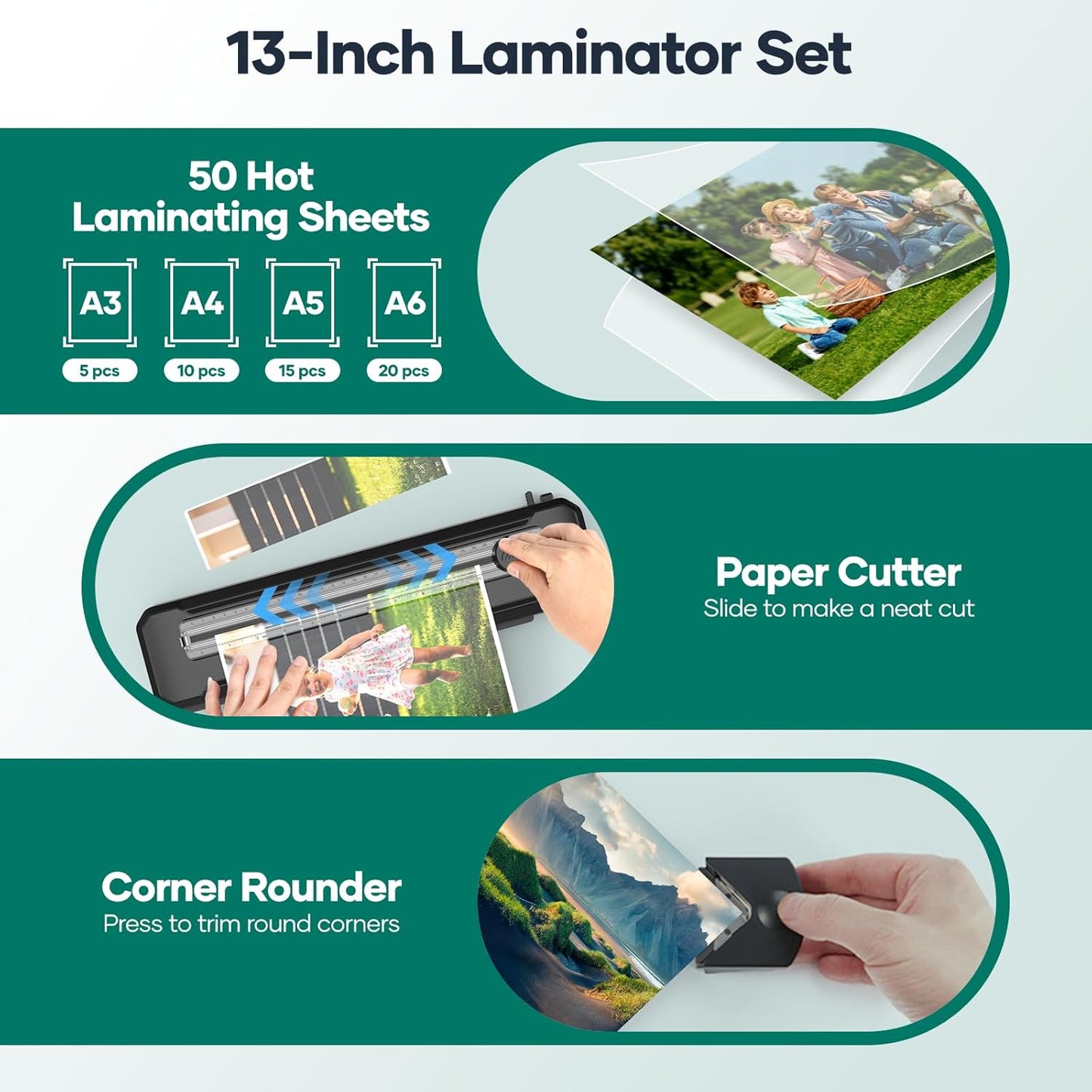 Laminator Machine A3 with 50 Laminating Sheets, Laminator Thermal and Cold with Paper Trimmer Corner Rounder, High-Speed Jam-Free, Low-Noise 13-Inch Laminating Machine(Black)
