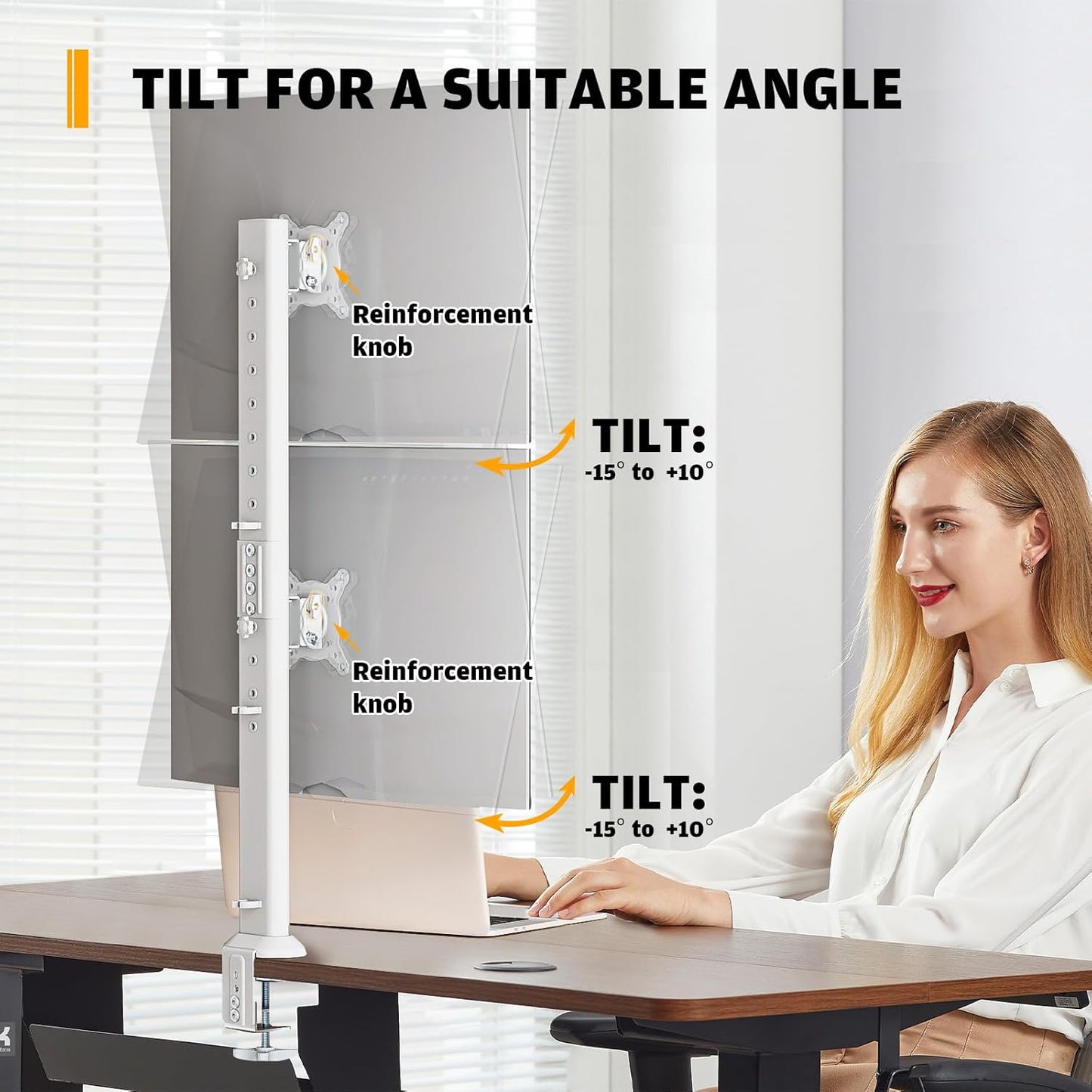 Dual Monitor Articulating Desk Mount Arm Stand - Vertical Stack Screen Supports Two 13 to 34 Inch Computer Monitors with C Clamp White