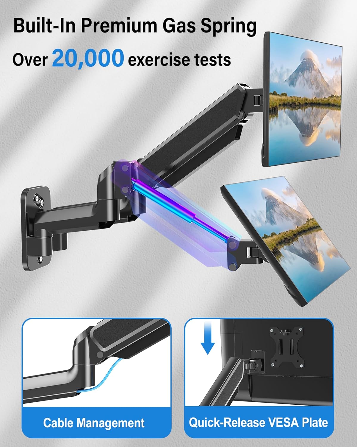 MOUNTUP Dual Monitor Wall Mount for 2 Max 32 Inch Computer Screen, Fully Adjustable Gas Spring Double Monitor Arm, Wall Mounted Monitor Holder Support 4.4-19.8lbs Display, VESA Bracket 75x75, 100x100