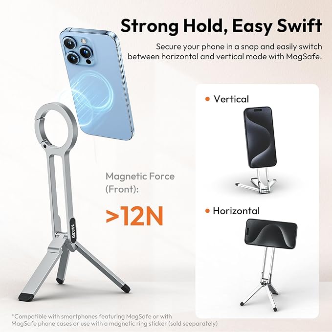 ULANZI MA30 Magnetic Phone Tripod Stand for iPhone - Aluminium Maglock Smartphone Mini Tripod Pocket Cell Phone Stand Strong Magnet Quick Mount Compatible with iPhone 16 15 14 13 12 Series, Silver