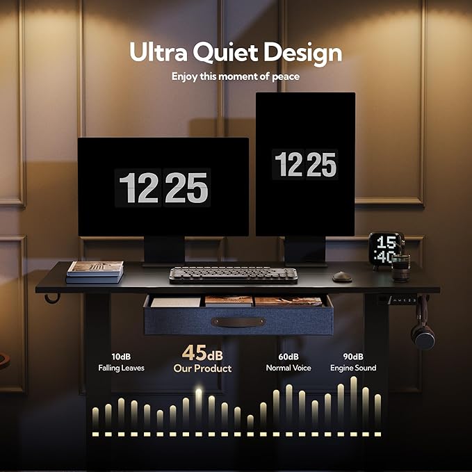 Seang Standing Desk with Drawer, 48" x 24" Height Adjustable Stand Up Desk, 3 Memory Height Settings with Cable Grommets & Storage Hooks, Ideal for Home & Office, Black