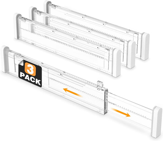 HiYZ Expandable Drawer Dividers - 12.6-22.8'' Adjustable Drawers Organizers for Kitchen Utensils, Drawer Separators in Bedroom, Dresser, Office, Bathroom, Fridge, 3 Pack Long Dividers-Clear