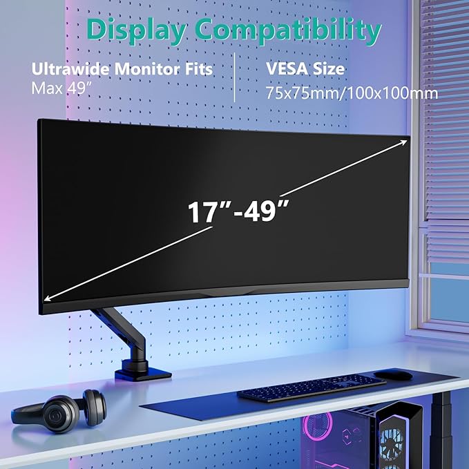 WALI Ultrawide Monitor Arm for 17 to 49 Inch Heavy Duty Curved Screens, Holds 44 Lbs, Adjustable Gas Spring Single Monitor Desk Mount for Samsung Odyssey G9, 75x75/100x100 VESA (GSM001XL-P), Black