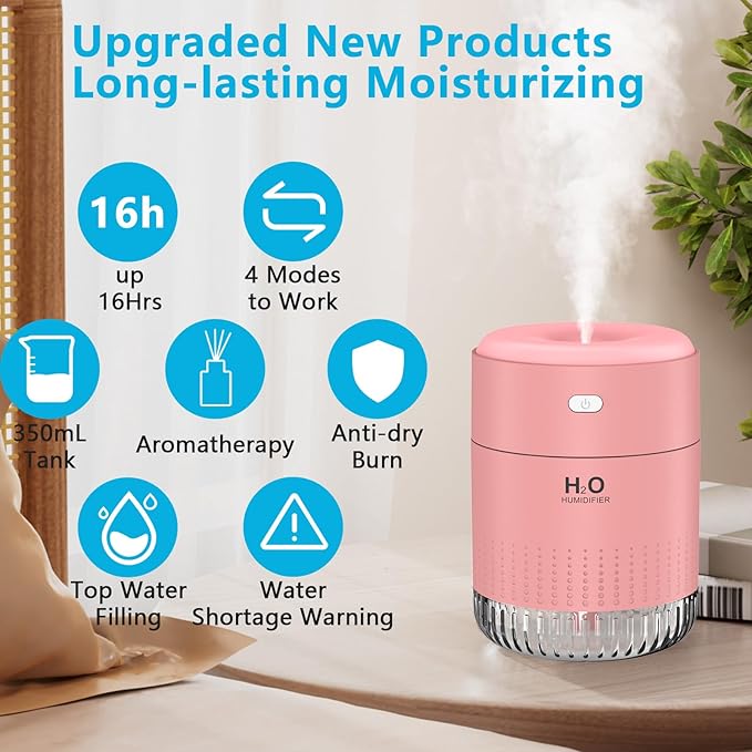 Colorful Mini Humidifier, USB Rechargeable Humidifier, small humidifier, 4 Modes Super Quiet, Humidifiers For Bedroom,Suitable For Travel Office Family Baby Bedroom-Pink1.0