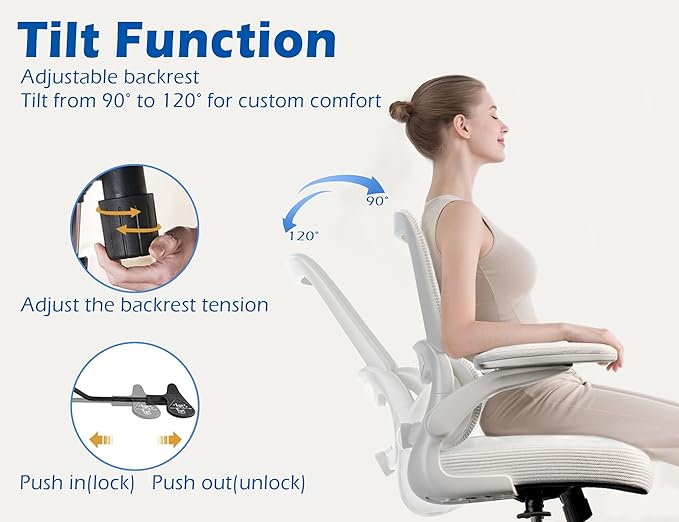 TRALT Ergonomic Office Chair - Desk Chair with Adjustable Lumbar Support Computer Chair - Mesh Comfy Chair with Flip-up Armrests - Gaming Chairs for Adults Home Office (Leather, White)
