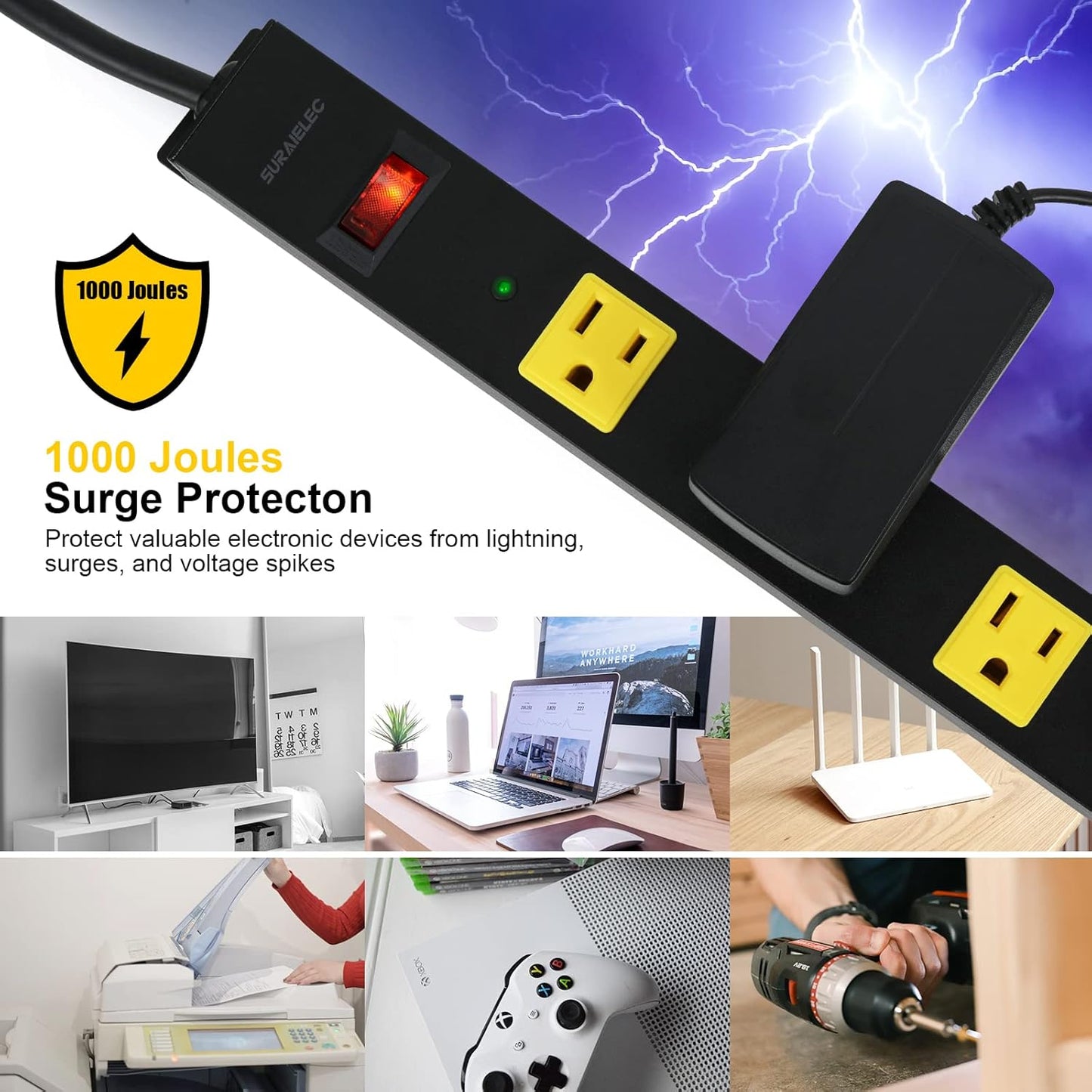 SURAIELEC 12 Outlet Long Metal Power Strip, 15FT Cord Surge Protector, Angled Flat Plug, Wide Spaced Outlet Bar, 15A Breaker, Wall Mountable, Industrial Heavy Duty for Work Bench, Shop, Garage, 2 Pack