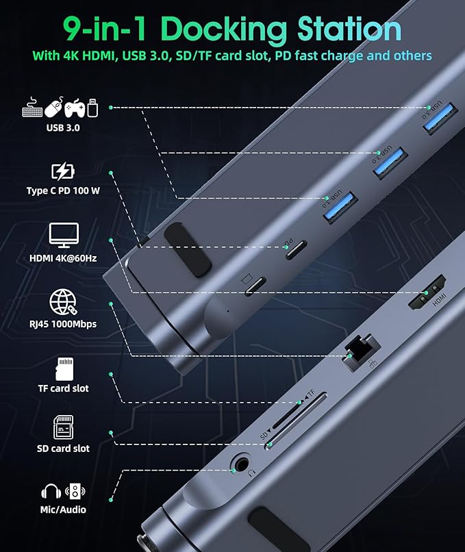 BoYata USB-C Laptop Docking Stand, 9 in 1 Aluminum USB C Dock Tablet Stand with 4K HDMI, 3 USB 3.0, PD 100W, Portable Docking Station for MacBook Pro/Air/Dell/HP/Surface/Lenovo, Plug and Play