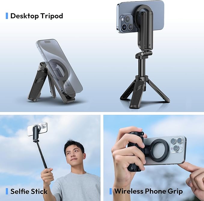 ULANZI JJ03 Magnetic Tripod for Phone with Remote Control, 3-in-1 Selfie Stick Handle Grip 360° Rotation Extendable Stand for iPhone Android Phones
