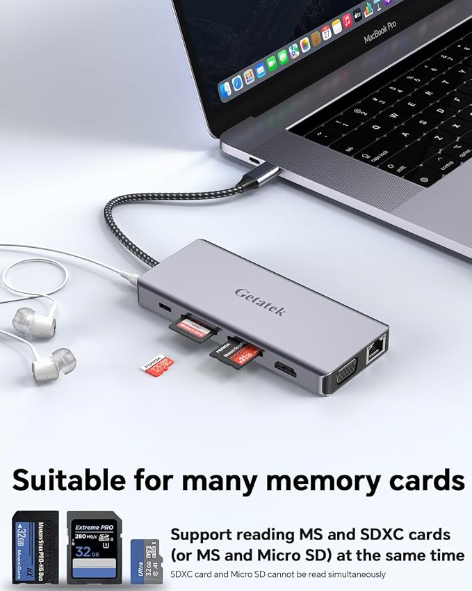 Getatek12-in-1 Docking Station with 4K HDMI,VGA,Ethernet,USB A 3.0 Data Port and USB C 5Gbps Port,100W PD Charging,SD/TF/MS Card Reader and 3.5MM Audior for MacBook, Acer, Laptops, Surface and More