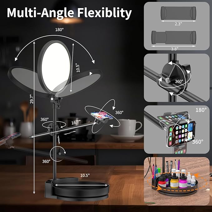 Desk Ring Light with Stand,55W Dimmable Full Screen Ring Light,with Rotating Storage Box,Pen Holder Stand,Phone Holder&Controller (White-RGB, 10.5)